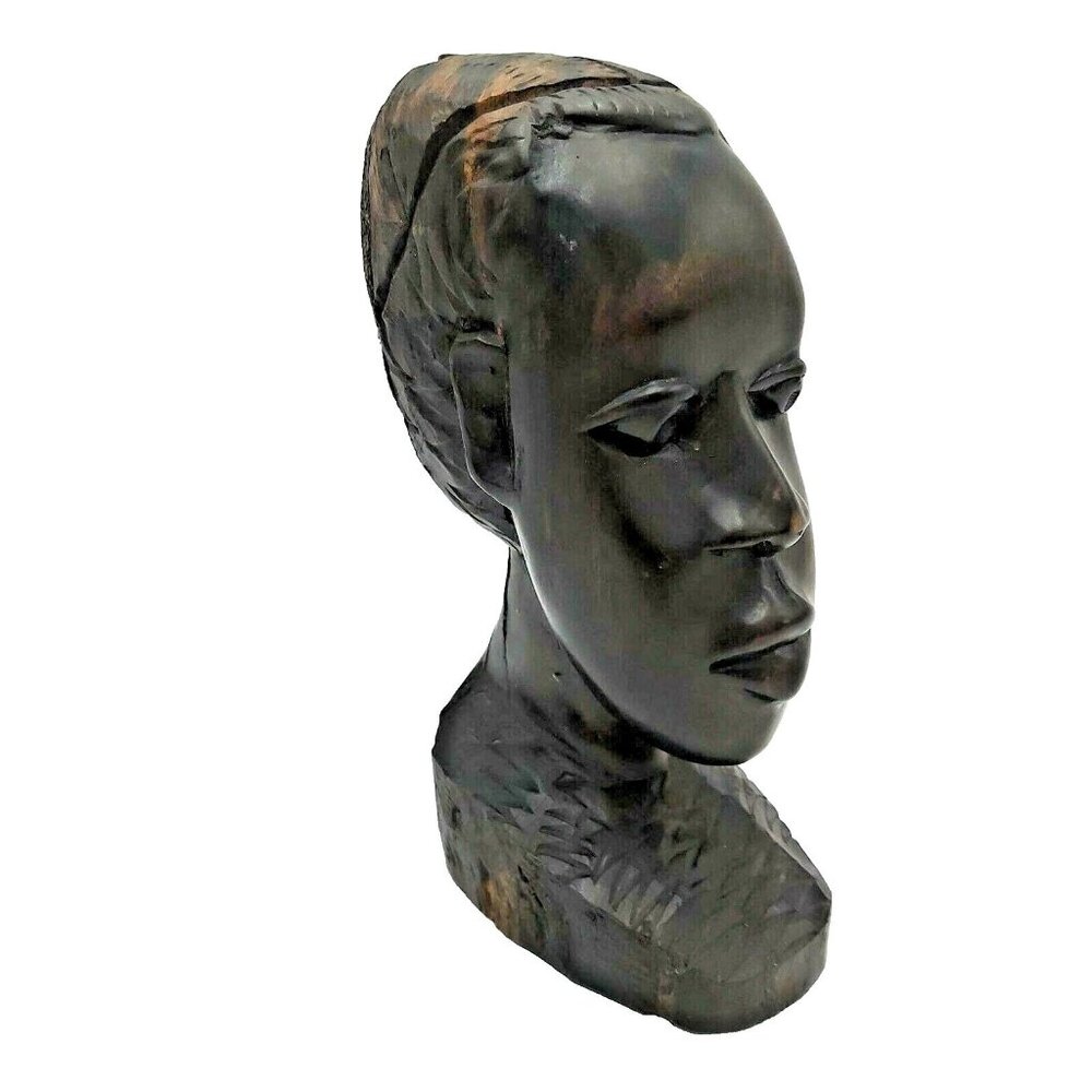 East African Tribal Woman Hand Carved Solid Wooden Head Female Bust Statue Ebony
